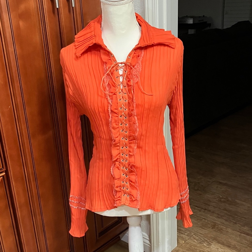 Vintage Vibrant Orange Lace-Up Blouse Size:L